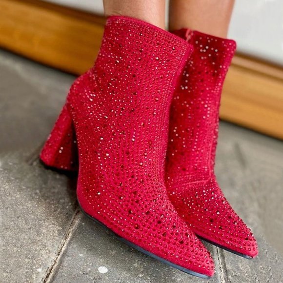 NEW🔥 Red Rhinestone Crystal Block High Heel Ankle Boots Booties Pointed Toe Zip - Picture 1 of 3